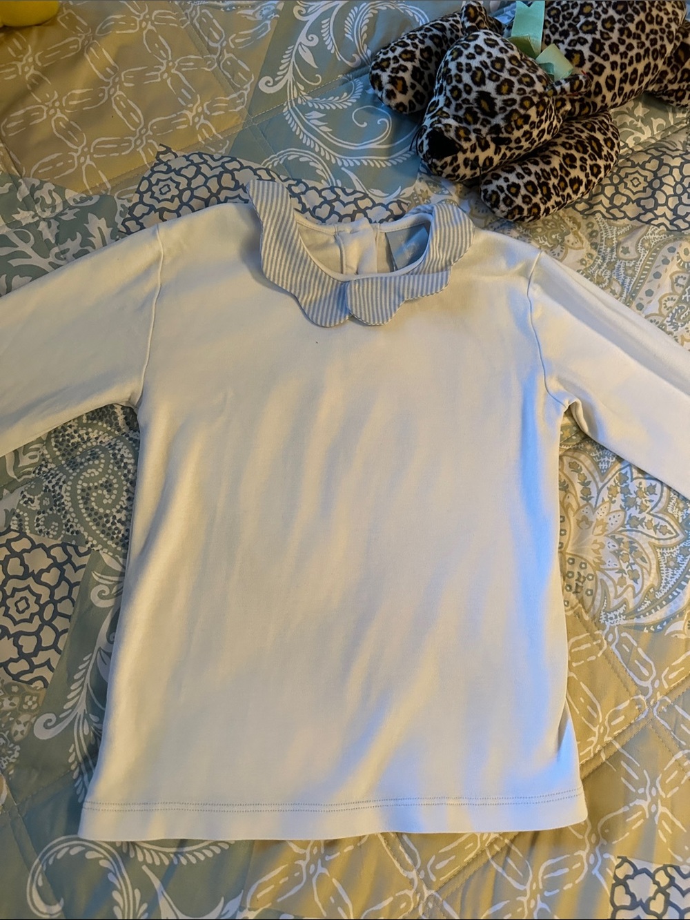 bella bliss White Long Sleeve Top with Blue Striped Peter Pan Collar